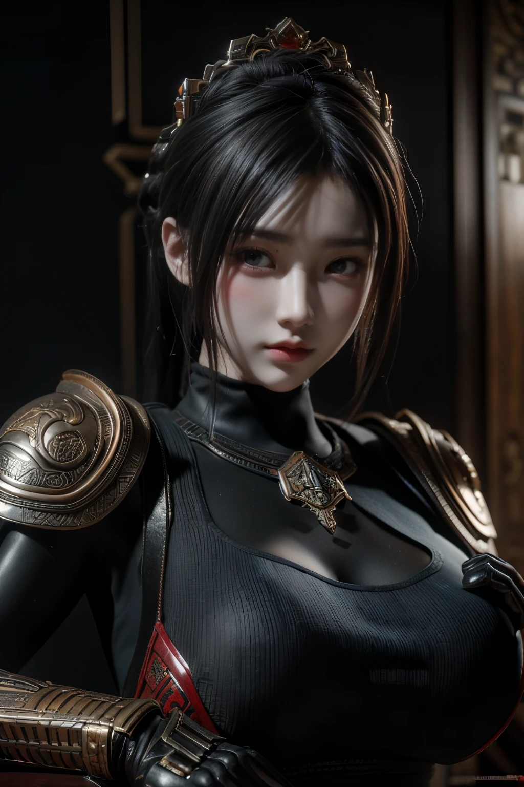 Masterpiece,Game art,The best picture quality,Highest resolution,8K,(Portrait),Unreal Engine 5 rendering works,(Digital Photography),
Girl,Beautiful pupil,(Gradual short hair is blue and red),Busty,(Big breasts),(Portrait photography:1.5),
(A chivalrous woman in Tang Dynasty),Casual hairstyle,Delicate faces,(Full breasts,Big breasts),Serious,Cool and elegant,(Wearing combat armor combined with the characteristics of ancient Chinese clothing,A complex pattern,Mysterious light,Hollow Armor),(Red and black),Ancient fantasy style characters
Movie lights，Ray tracing，Game CG，((3D Unreal Engine))，oc render reflection texture