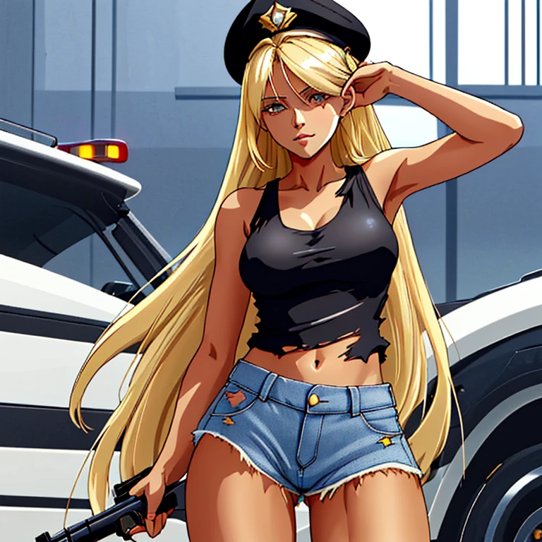 One beautiful blonde woman, long hair, tall body, black police hat, white tank top, torn denim shorts, crotch emphasis, navel visible, sexy pose