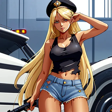 One beautiful blonde woman, long hair, tall body, black police hat, white tank top, torn denim shorts, crotch emphasis, navel vi...