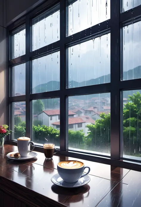 highest quality，masterpiece，High resolution，Rain and cappuccino，indoor，big glass window，overlooking