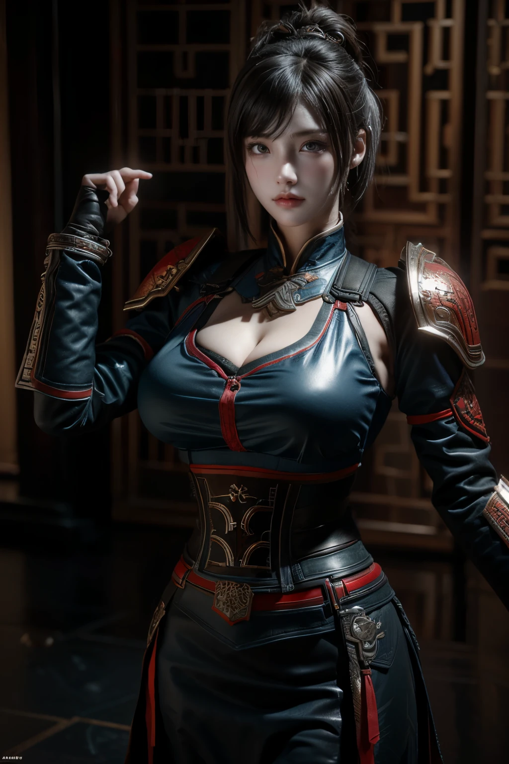 Masterpiece,Game art,The best picture quality,Highest resolution,8K,(Portrait),Unreal Engine 5 rendering works,(Digital Photography),
Girl,Beautiful pupil,(Gradual short hair is blue and red),Busty,(Big breasts),(Portrait photography:1.5),
(A chivalrous woman in Tang Dynasty),Casual hairstyle,Delicate faces,(Full breasts,Big breasts),Serious,Cool and elegant,(Wearing combat armor combined with the characteristics of ancient Chinese clothing,A complex pattern,Mysterious light,Hollow Armor),(Red and black),Ancient fantasy style characters
Movie lights，Ray tracing，Game CG，((3D Unreal Engine))，oc render reflection texture