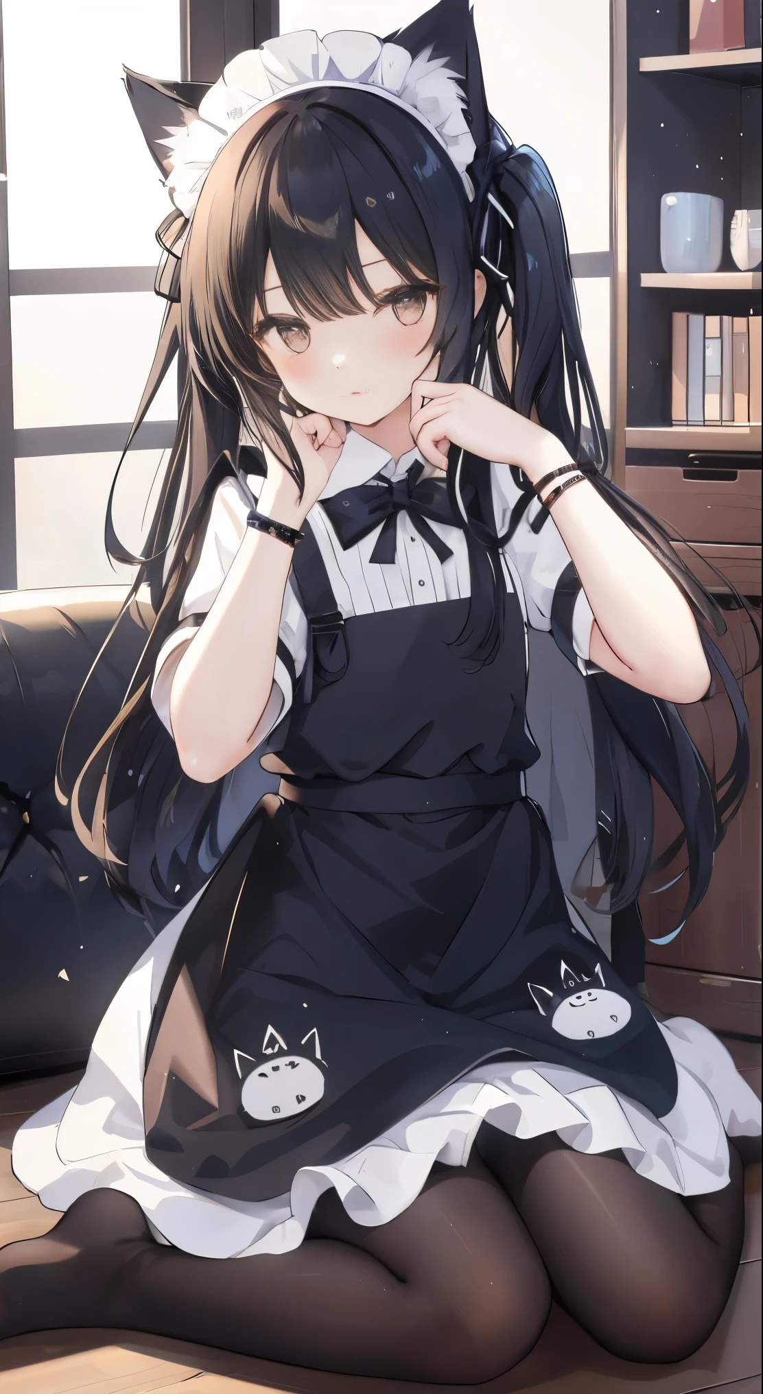  1girl, solo, long hair, black hair, dress, ribbon, holding, animal ears, jewelry, sitting, full body, short sleeves, pantyhose, indoors, cat ears, apron, bracelet, feet, book, black pantyhose, maid, maid headdress, toes, wariza, no shoes, soles, maid apron, holding book, on floor, covering face