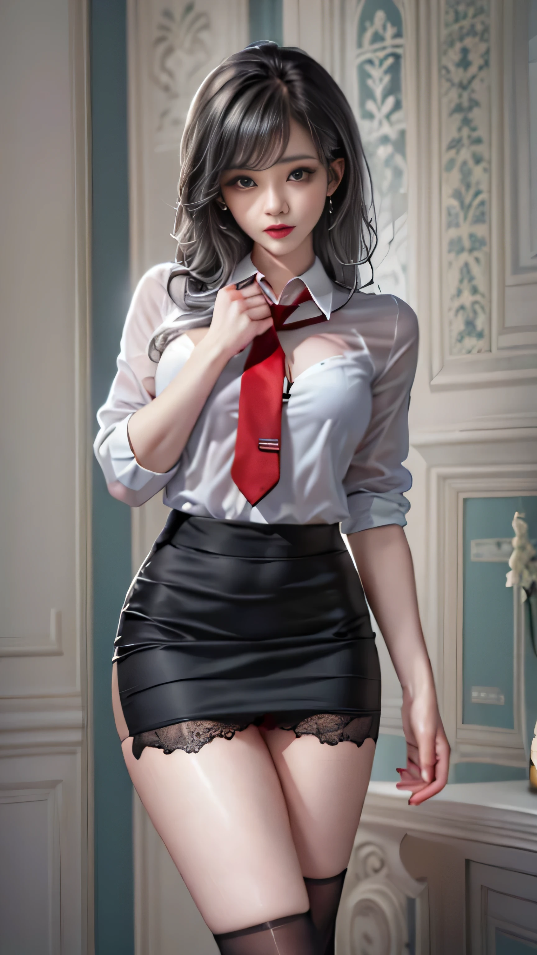 girl portrait photography, realistic, High resolution, 1 female, alone, Upper body, beautiful eyes, Close your lips, detailed face, gray hair, long hair, collared shirt, red tie,black skirt, pencil skirt,, stockings,(Black lace panties are visible)