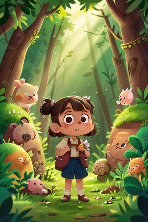 a 5 years old girl, brown hair with pigtails, standing in front of a cute animals, forest background