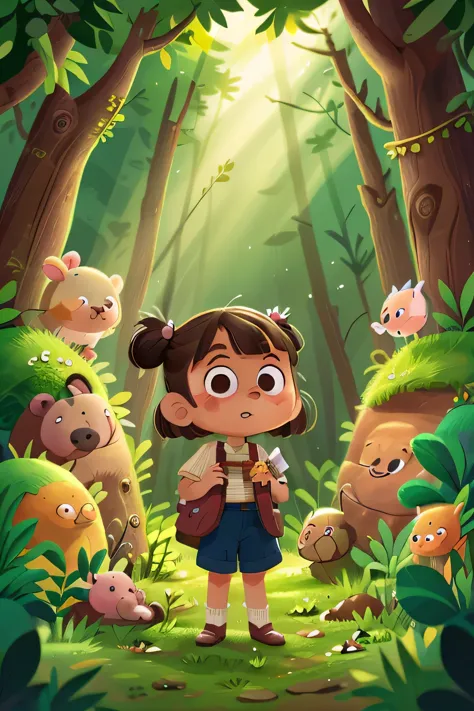 A 5 years old girl, brown hair with pigtails, standing in front of a cute animals, forest background 