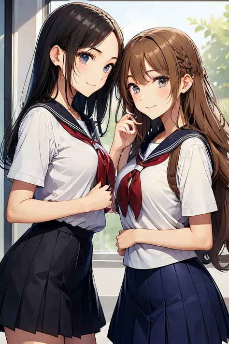 Two high school girls kissing、seductive smile、classroom