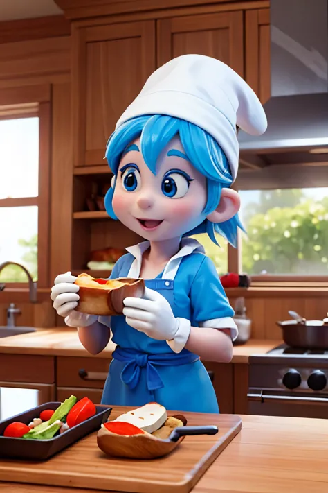 Imagine a Smurf cook making lunch.