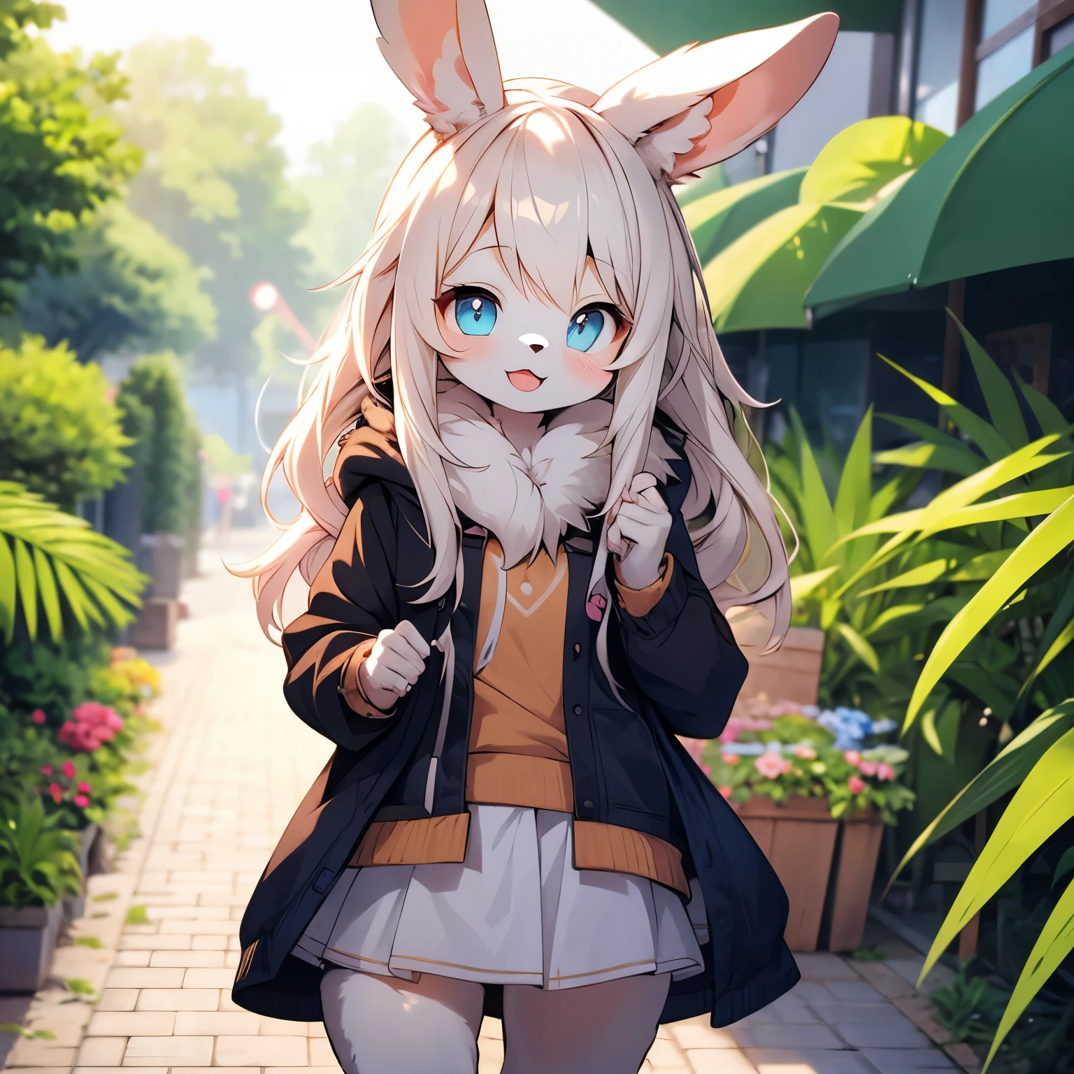 bunny girl，bunny ears，Characteristics of a three-year-old girl，Female focus，Furry women，hairy  ，Height 1.6 meters，Summer coat，short skirt