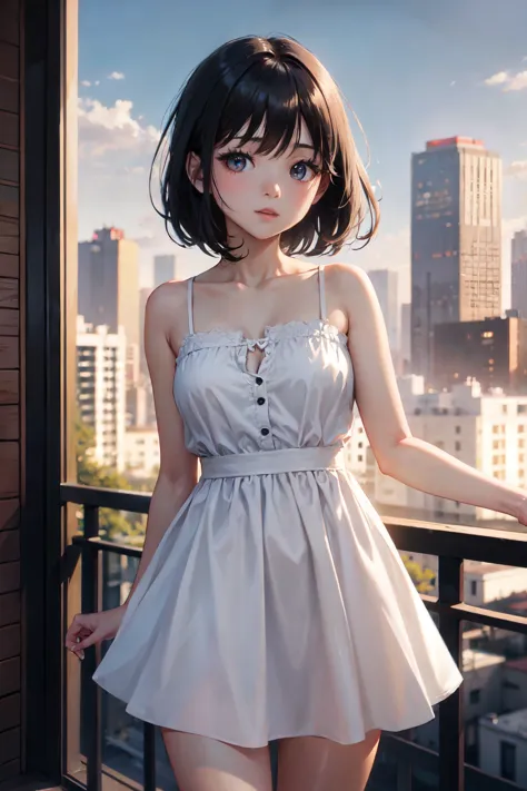 highest quality、cinematic lighting、girl、camisole dress、balcony、Urban cityscape in the background、black hair、