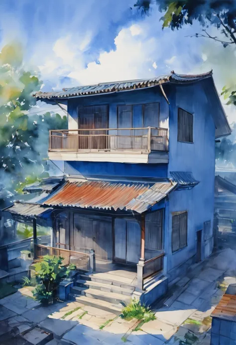 masterpiece，highest quality，High resolution，blue abode，highlight，watercolor painting，high angle