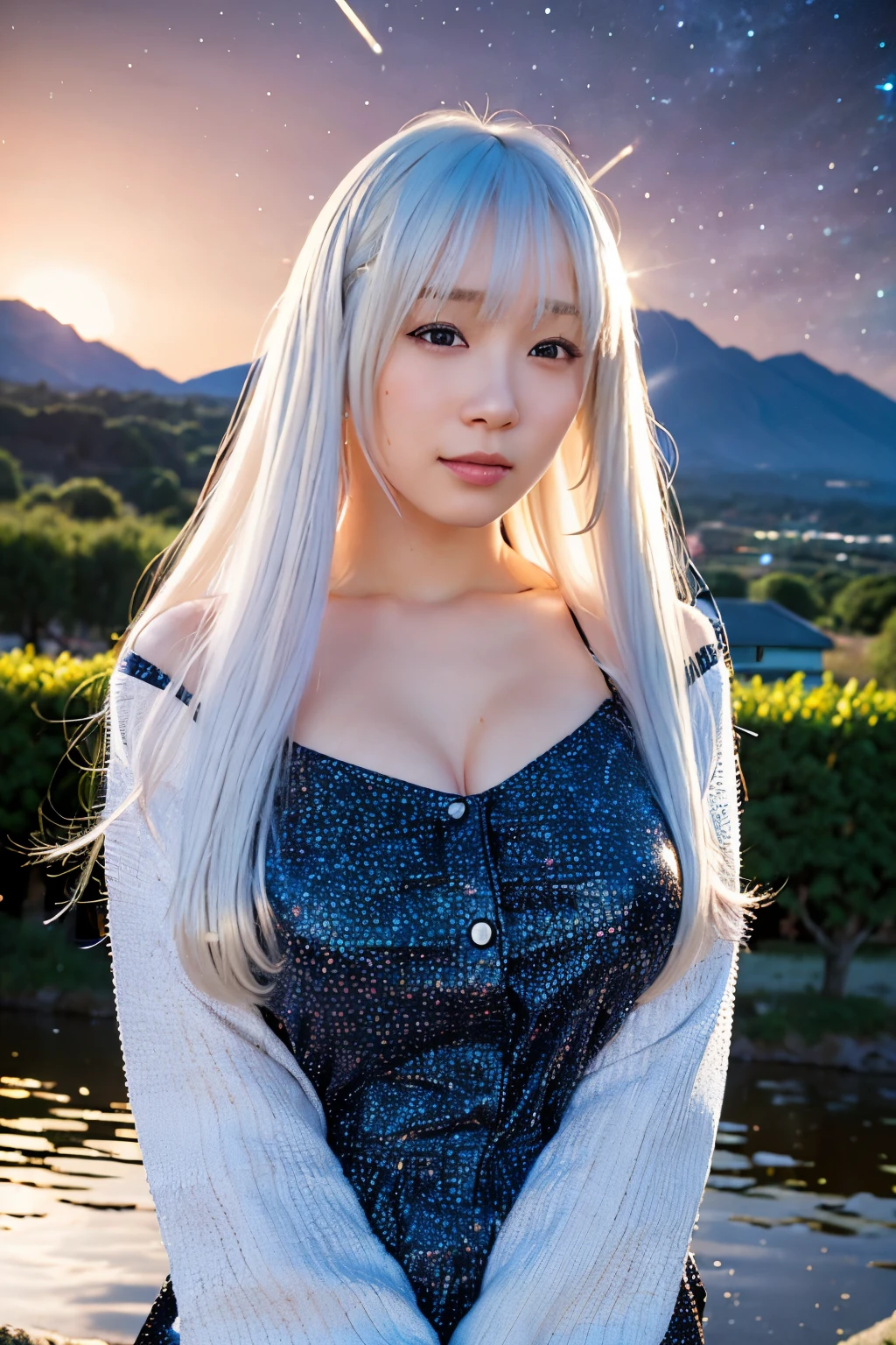 (8k, best quality, masterpiece:1.2)best quality, 1girl, (skindentation), (huge breasts), (day),  bright, blur background, outdoor, (street:0.6), (people, crowds:1), (blouse:1.5), gorgeous, (white hair:1.5), (floating hair:1.5), (dynamic pose:0.8), ayanami_rei,soft lighting, wind,  garden,finely detail, official art, absurdres, incredibly absurdres,huge file size,  cloud, rain,sky,scenery, overcast,airplane,bag,huge sword,extremely detailed eyes and face, beautiful detailed eyes,plugsuit, star_\(sky\), long_hair, starry_sky, bodysuit, ((ultra realistic details)), portrait,(starry sky:1.5),(shooting stars:1.5),(galaxy:1.543), global illumination, shadows, octane render, 8k,sun flare, soft shadows, vibrant colors, painterly effect, dreamy atmosphere BREAK scenic lake, distant mountains, willow tree, calm water, reflection, sunlit clouds, peaceful ambiance, idyllic sunset, ultra sharp,metal,intricate, ornaments detailed, cold colors, egypician detail, highly intricate details, realistic light, trending on cgsociety, glowing eyes,cityscape,jacket,cloudy_sky, road, aircraft, ruins, lamppost, school_uniform,