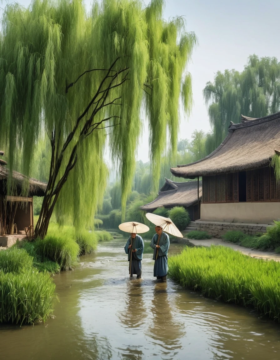 (masterpiece, best quality:1.2),There is a stream in front of the tile house，There are two men holding hoes，There are willow trees by the river，bamboo，swallow，rain，Mo Feng，simple pictures