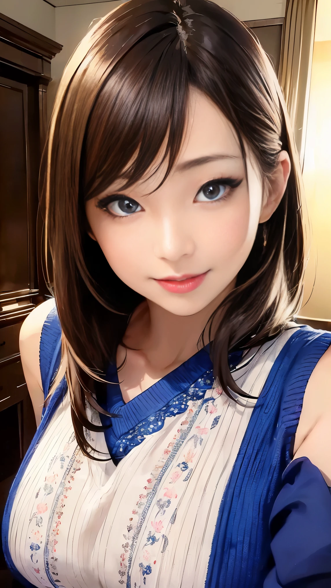 Japanese woman wearing a blue v-neck sweater、 (((masterpiece))), ((highest quality)), ((intricate details)), (((超realistic)),, near and far law, very detailed, realistic, 1 girl, ((big breasts)), perfect hands, detailed fingers, beautiful and detailed eyes, long hair, brown eyes,(Sleeveless V-neck sweater:1.2), detailed background,, perfect eyes, enchanting eyes,, from the front、laughter、open red lips wide、Don&#39;t show your hands