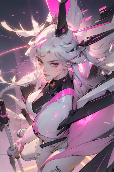 beautiful, Miss, Sexy face, yellow eyes, white hair, slim, sexy pose, Pink tights, Mecha, neon lights, Lead the Night City, view...