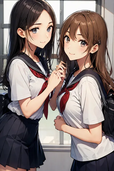 Two high school girls kissing、seductive smile、classroom