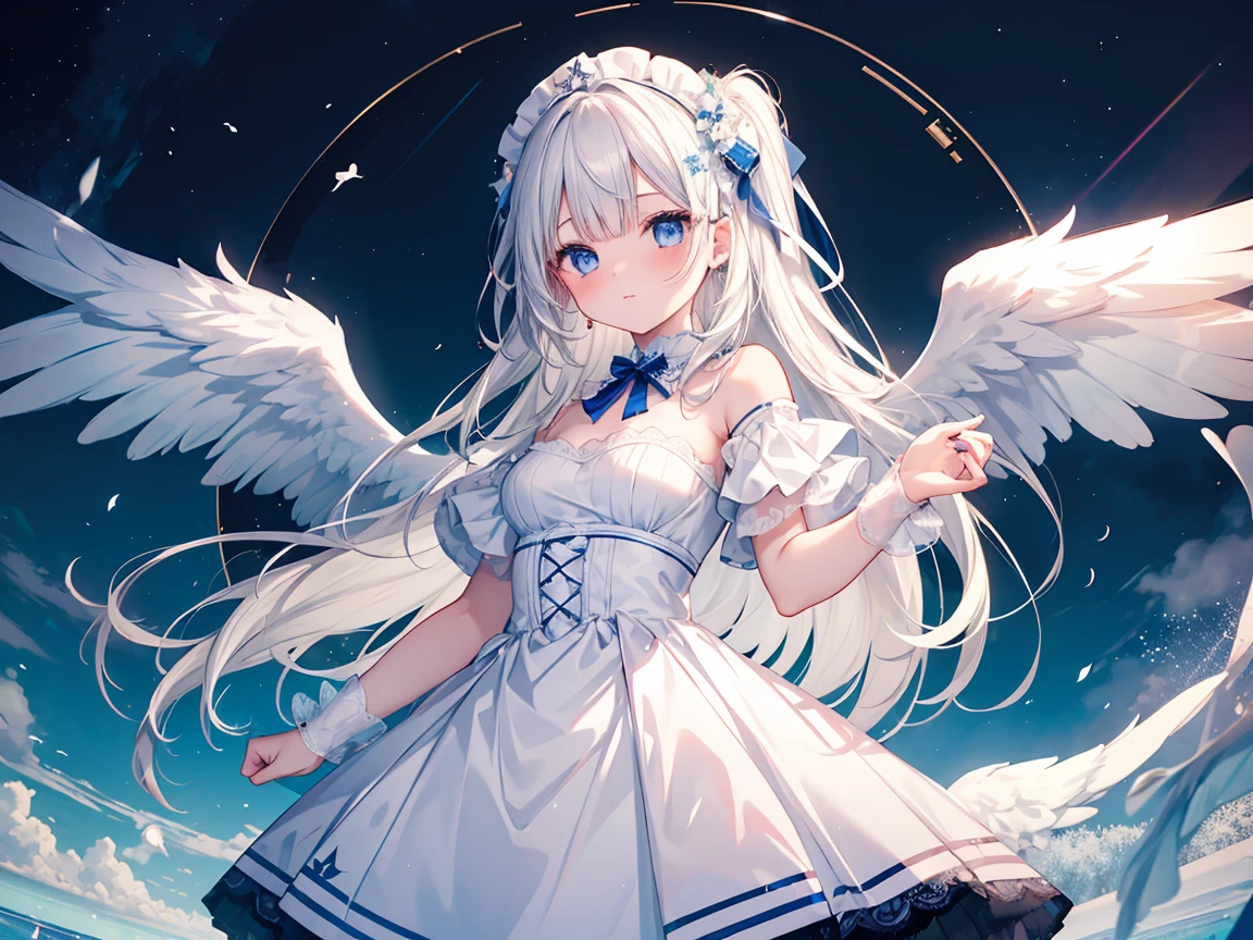 ((highest quality)), ((masterpiece)), (be familiar with), perfect face, girl with white wings, cute, white long hair, blue eyes, standing position, white lace dress, looking at the viewer
