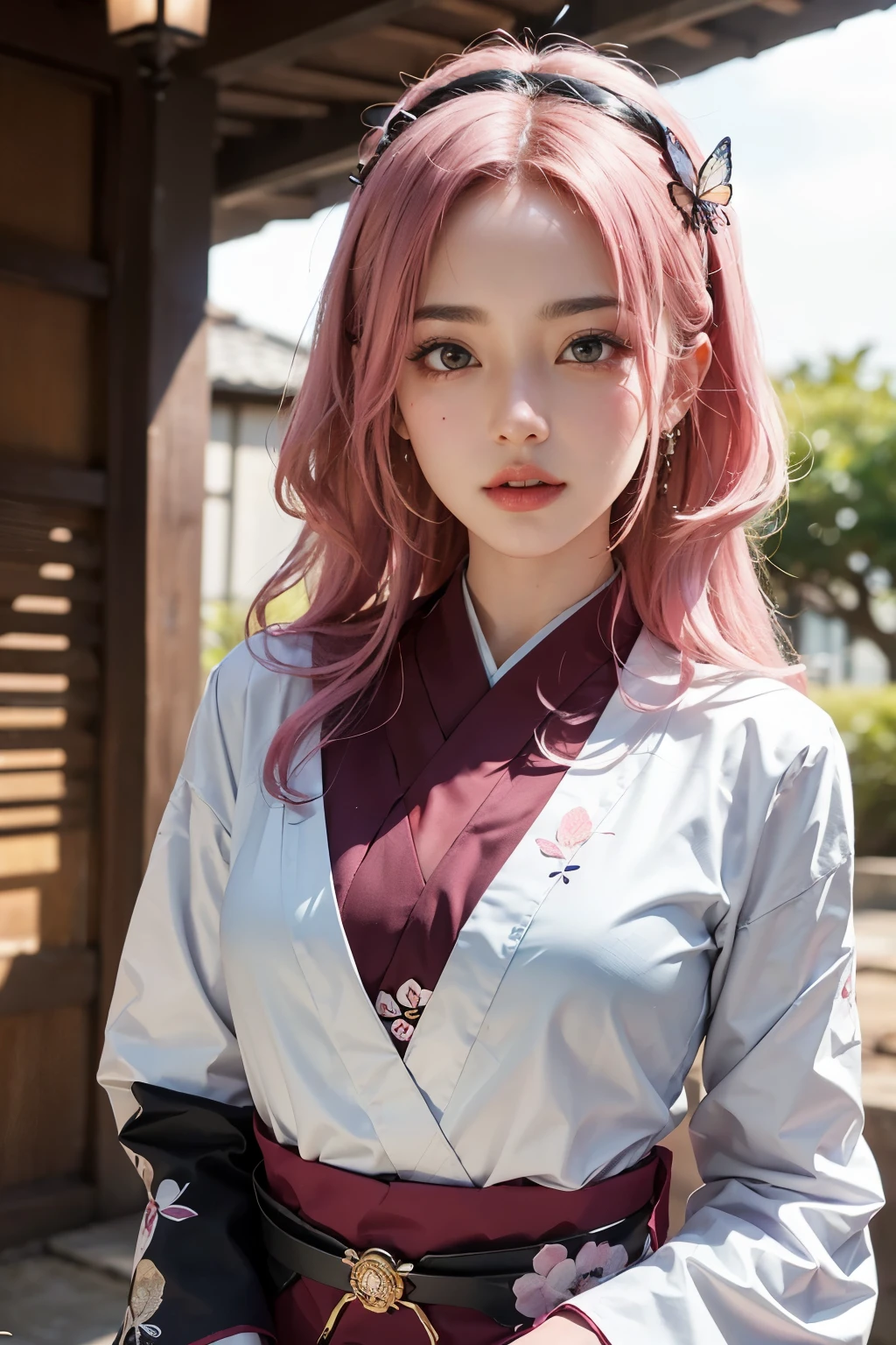 A woman with pink hair wearing a white and purple outfit - SeaArt AI