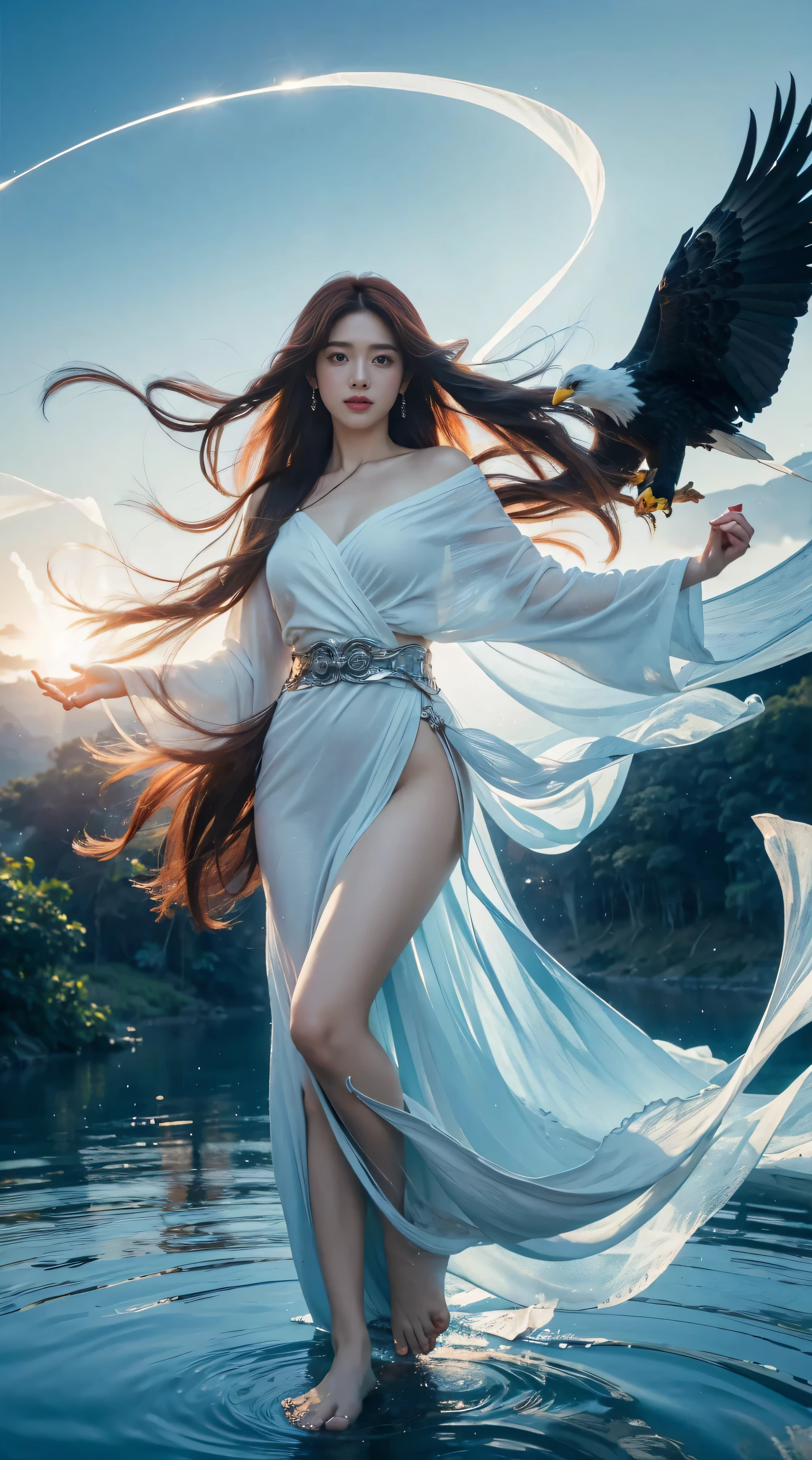 Wide angle, far shot, see the whole body, Beautiful woman,Hug a Baby, floating a River  ,Flower crows,Beautiful girl, realistic, high resoution, A woman is long hair and Red hair, Eagle eyes, Barefooted ,flowing long hair,ultra-realistic, 4K ,Yellow effect ,Light Rain , She is  a little smile,Floating gems radiate light all around,skyblue solution, white drop,see is viewer