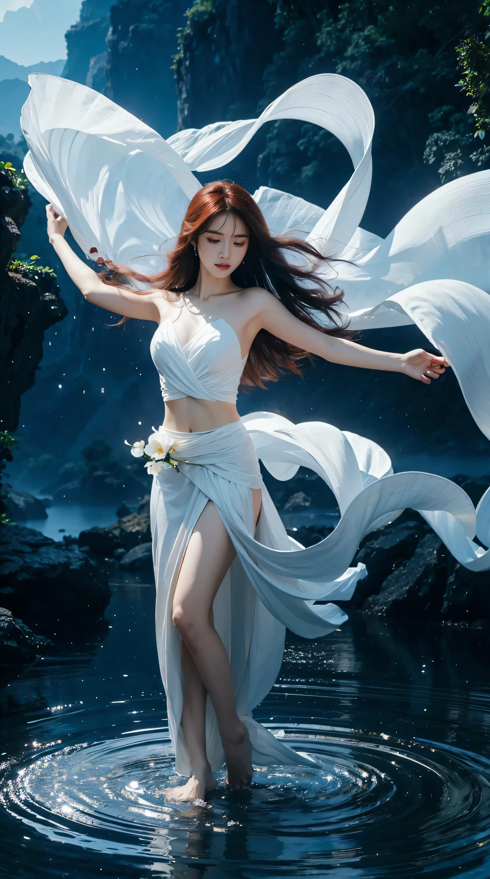 Wide angle, far shot, see the whole body, Beautiful woman,sexy girl,short fabric, floating a River  ,Flower crows,Beautiful girl, realistic, high resoution, A woman is long hair and Red hair, Eagle eyes, Barefooted ,flowing long hair,ultra-realistic, 4K ,Yellow effect ,Light Rain , She is  a little smile,Floating gems radiate light all around,skyblue solution, white drop,see is viewer