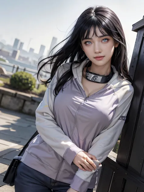 1girl, hyuga hinata in anime naruto, long straight hair, black hair, ((white eyes:1.5)), smile, beautiful, (purple white hoodie)...