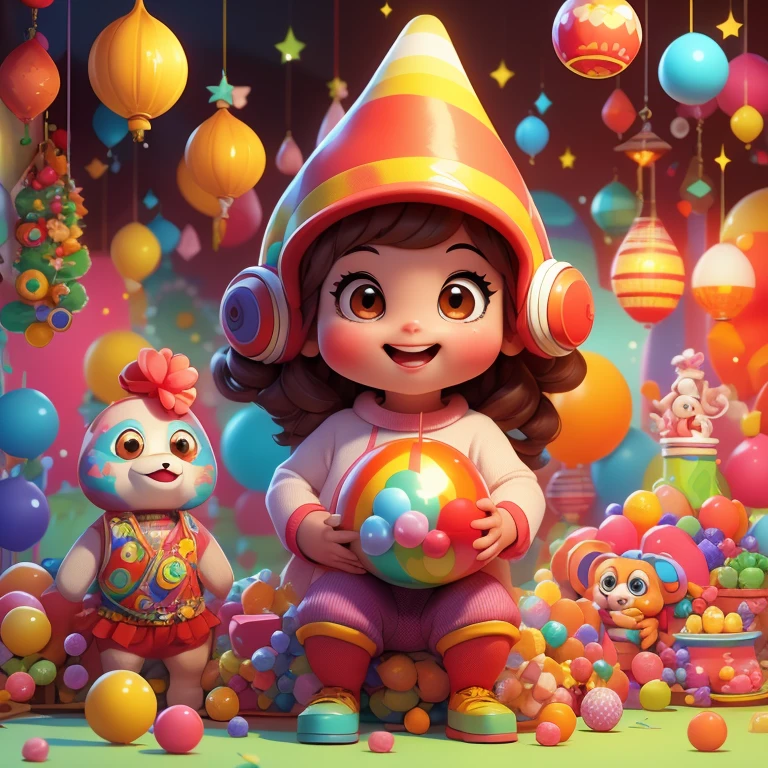 (masterpiece:1.1), (top quality:1.1), Cheburashka, from a Soviet cartoon, big ears, colorful balls in the background, candies. mischievous, looks ahead.