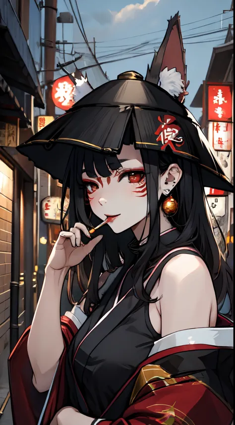 kosaka1st, fox ears, facial mark, red eyeshadow, black headwear, smoking girl