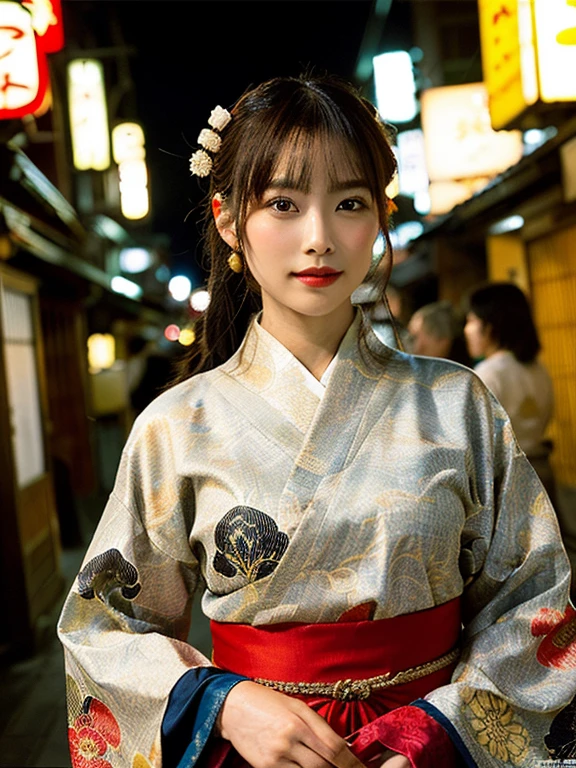 (8k, RAW photo, best quality, perfect anatomy, masterpiece:1.2), (realistic, photo-realistic:1.4), (extremely detailed 8k wallpaper), sharp focus, professional lighting, depth of field, cinematic lighting, break, (Generate an image featuring a woman, She is wearing a traditional Japanese garment known as a 'Yoshiwara Furisode', The garment was worn by courtesans, known as oiran, during the Edo period in Japan, The Yoshiwara Furisode is characterized by its elaborate patterns, vibrant colors, and long flowing sleeves, The woman should be depicted in a graceful pose, Pay attention to detail on the attire, including the intricate embroidery and the overall opulent appearance, The background should evoke the atmosphere of an Edo period red-light district, Include subtle hints of traditional Japanese architecture and ambiance:1.3)