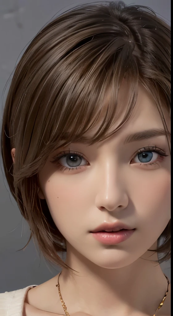 (representative work:1.4)、(8K、realistic、RAW photo、Highest image quality:1.4)、(30 year old mature woman)、beautiful face、(realisticな顔)、(beautiful hairstyle、realistic eyes、Detailed and beautiful eyes、(realisticな肌)、beautiful skin、short cut hair、dark brown hair、wearing a pendant、charm、超High resolution、surreal、High resolution、golden ratio、gray background