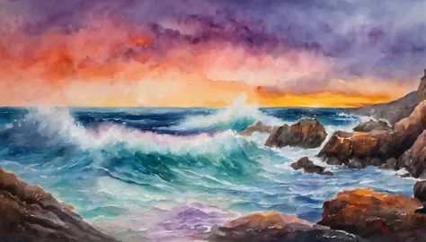 A vibrant seascape scene capturing the raw power of the ocean with waves crashing dramatically upon rugged reefs. Cloudy twilight sky with purple and pink nuances. Realistic sea waters and rock formations. Expressionist light and shadow. Hyperrealistic oil...