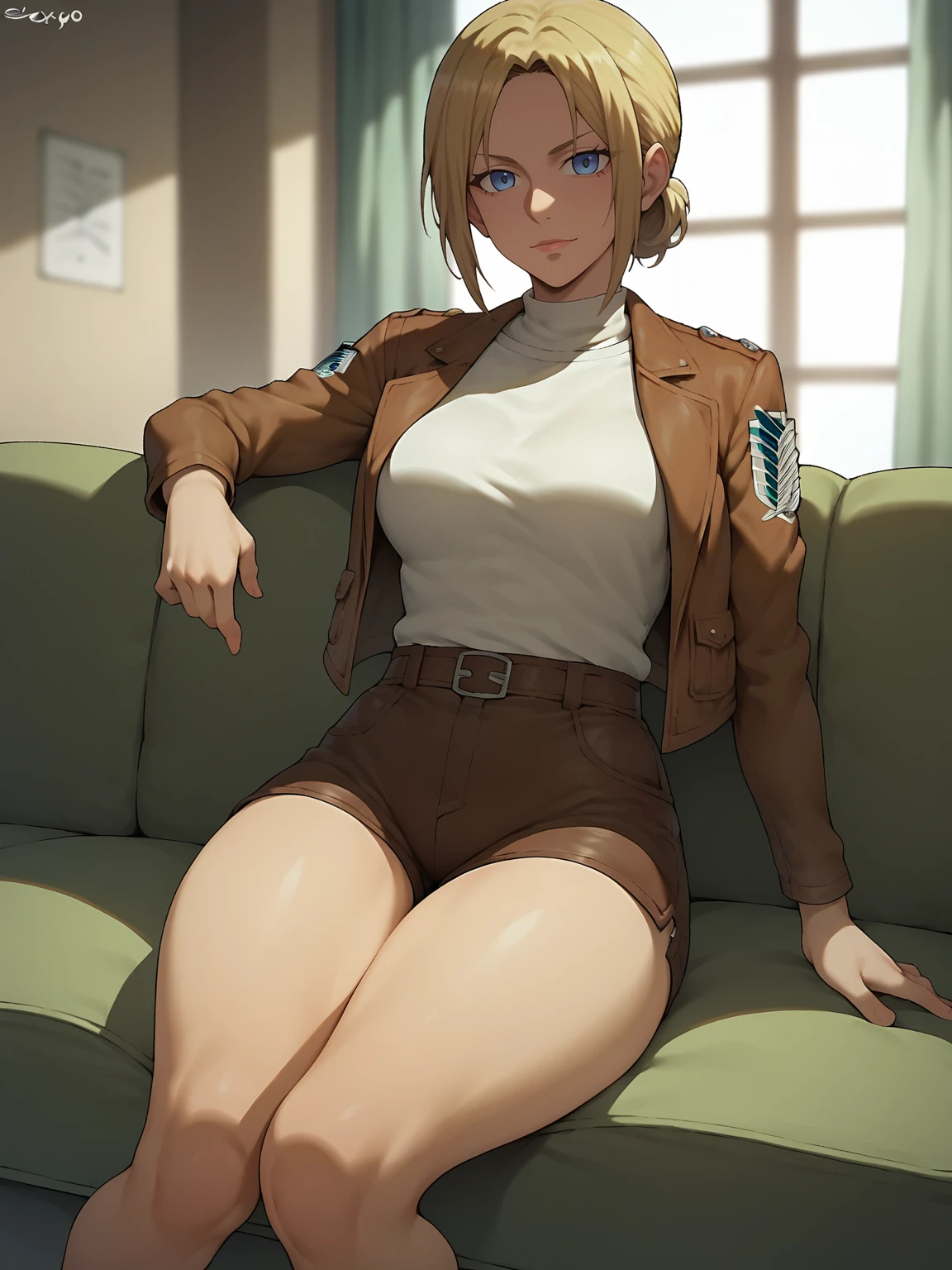 score_9,score_8_up,score_7_up, shexyo, shexyo style, attack on titan, annie leonhart, front view, thighs, thigh focus, leather shorts, white shirt, brown shorts, brown jacket, open jacket, indoors, couch, sitting 