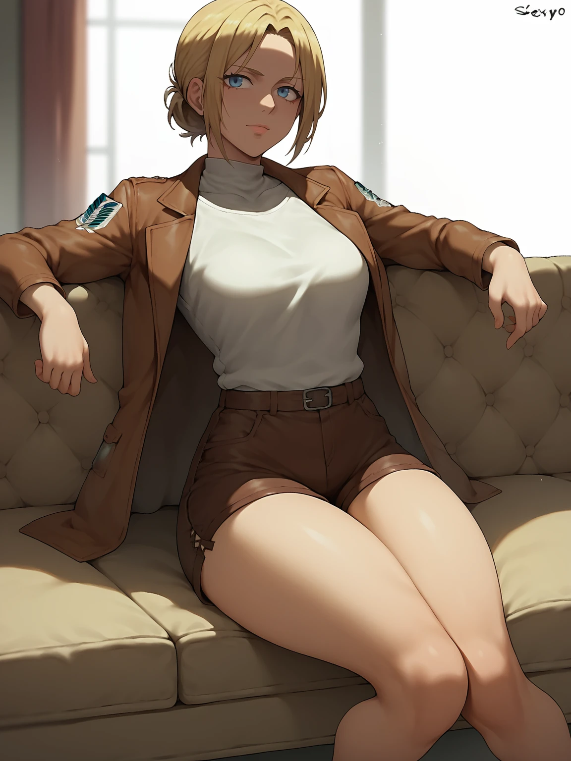 score_9,score_8_up,score_7_up, shexyo, shexyo style, attack on titan, annie leonhart, front view, thighs, thigh focus, leather shorts, white shirt, brown shorts, brown jacket, open jacket, indoors, couch, sitting 