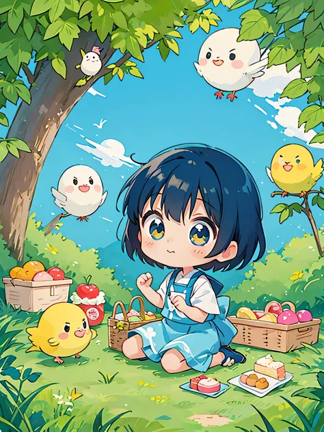 Fujio Akatsuka Style, Kawaii Design, most beautiful girl ever、Chibi, birdie、picnic