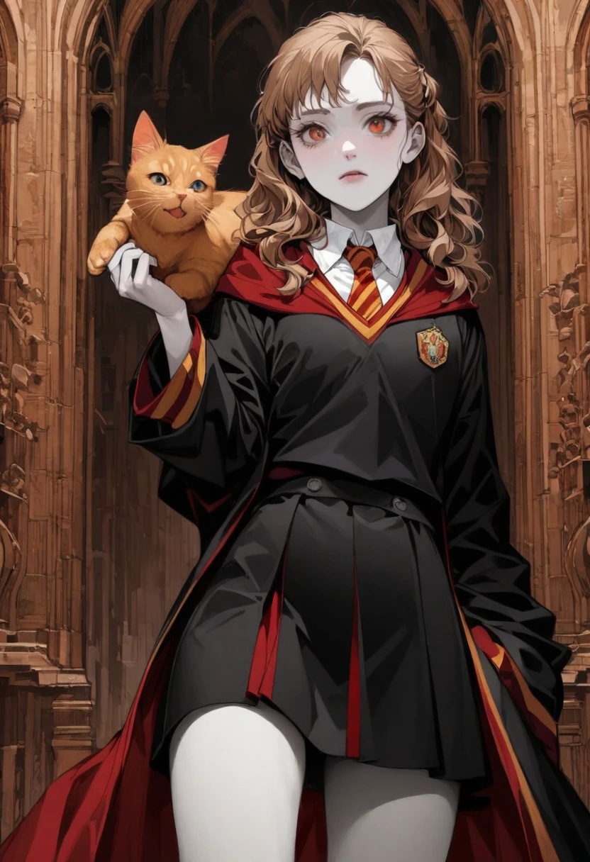 girl, cute 18 year old, her red pet cat, hermione granger, gryffindor uniform, pale skin, wearing a black robe, 1950s, warm colors, detailed background, Realistic, best quality, masterpiece, very aesthetic, perfect composition, intricate details, ultra-detailed, Animagine