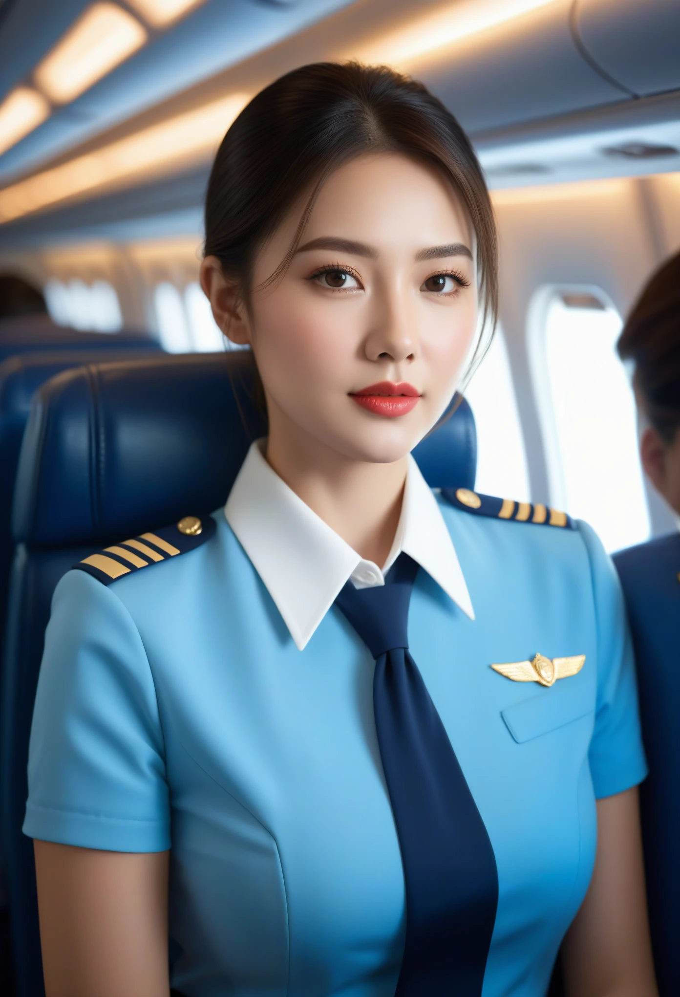 best quality,(original photo:1.2),(masterpiece:1.4),(lifelike:1.4),(high resolution:1.4), 1 girl, depth of field, Airline stewardess, Intricate details,8K, Very detailed, perfect lighting, epic background