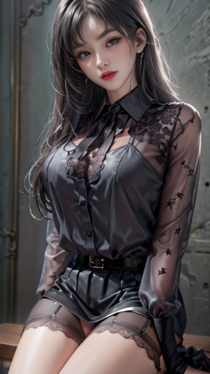 girl portrait photography, realistic, High resolution, 1 female, alone, Upper body, beautiful eyes, Close your lips, detailed face, gray hair, long hair, collared shirt, black tie,black skirt, pencil skirt, fur coat, stockings,(Black lace panties are visible)