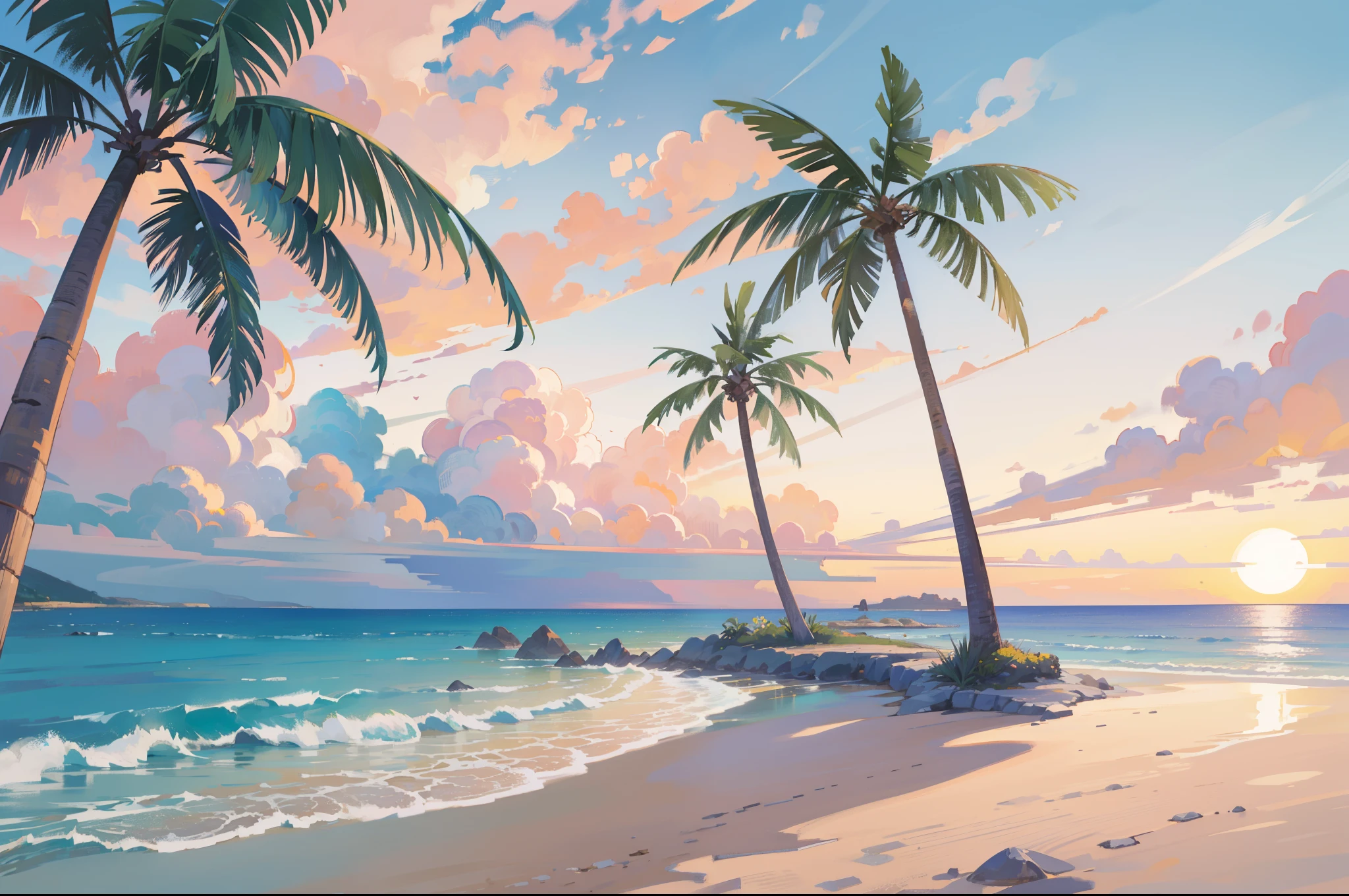 (masterpiece), highest quality, ultra high resolution, beautiful scenery, detailed scenery, (Warm pastel colors), beach, colorful beach, Pink sand, Palm tree, Ocean, sunset