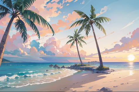 (masterpiece), highest quality, ultra high resolution, beautiful scenery, detailed scenery, (warm pastel colors), beach, colorfu...