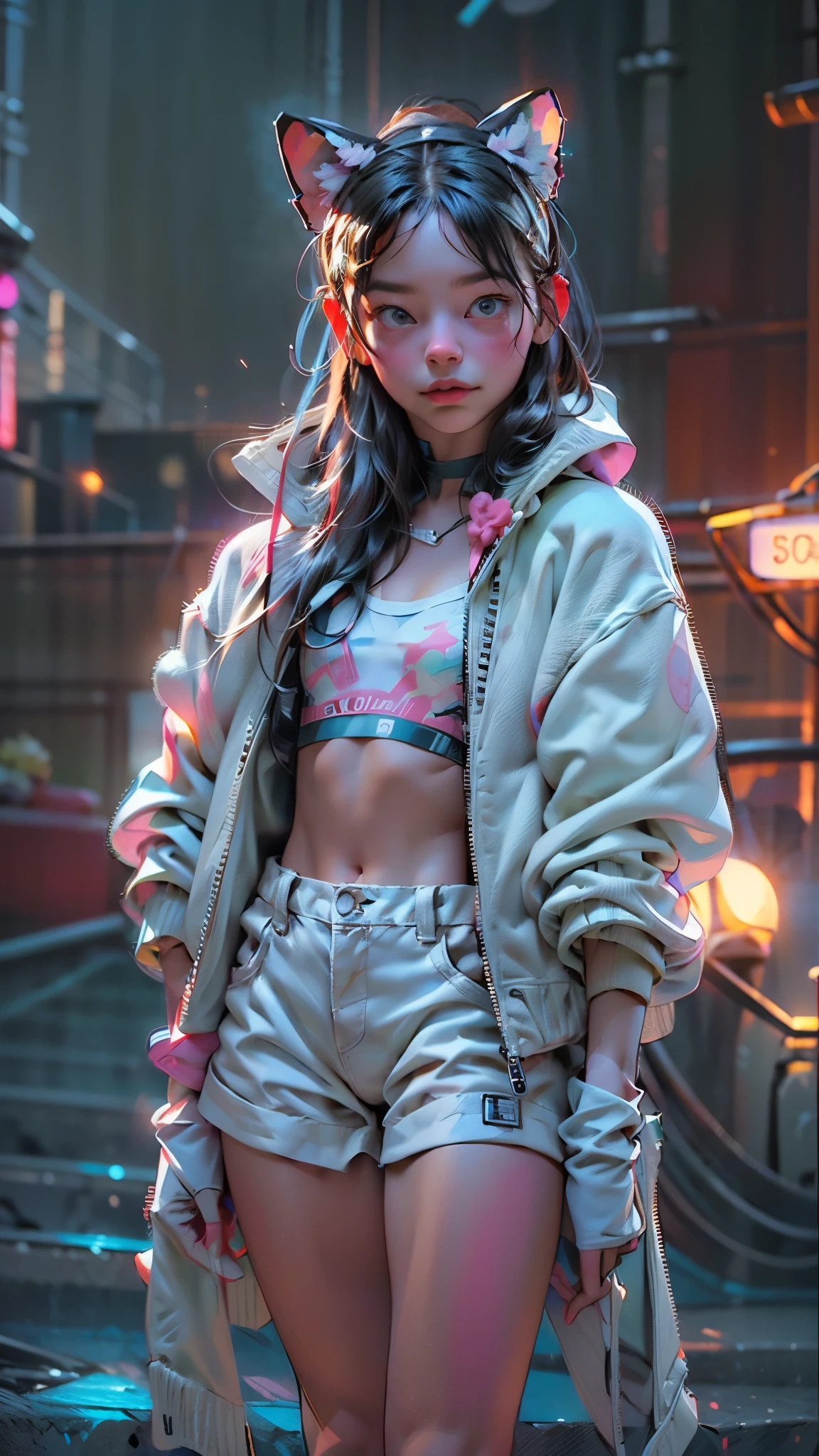 (La Best Quality, High Definition), (ultra detail), (1Baby Mkella), (1 beautiful girl), (white underwear, with medium straight hair, streetwear, wearing white pleated miniskirt and ears, blue hoodie , on a naked body).(on the chest it says &#39;Future funk&#39). (among a bright futuristic cityscape illuminated by neon lights). (More 8K.motor surreal:1.4,HD,La Best Quality:1.4, photorealistic:1.4, skin texture:1.4, Masterpiece:1.8,Masterpiece, Best Quality,object object).(detailed facial features:1.3) ,(The correct proportions),(Beautiful blue eyes:1.4), (cowboy pose), (more details:1.4), ,(cyberpunk 2.1), (kawaii style: 1.4); , (ice element:1.4),(white underwear:V2.1)