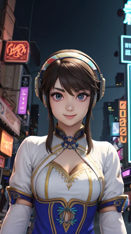 xianghua, 1 girl, alone, looking at the viewer, short hair, brown hair, Beautiful eyes brown, head band, dress china satin, Jacket White Armature Neon, sleeves with ribbons style cyber punk, 衣装デザインスタイルcyber punk, Blowing girl, beautiful girl, cute smile, sexy girl, incredibly detailed face, Upper body, cyber punk, neon light, SF, (Neon city lights in the background, Incredible Full 8K)