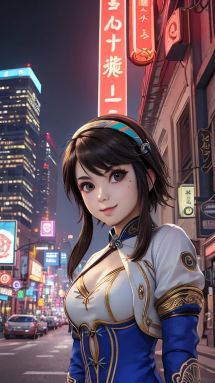 xianghua, 1 girl, alone, looking at the viewer, short hair, brown hair, Beautiful eyes brown, head band, dress china satin, Jacket White Armature Neon, sleeves with ribbons style cyber punk, 衣装デザインスタイルcyber punk, Blowing girl, beautiful girl, cute smile, sexy girl, incredibly detailed face, Upper body, cyber punk, neon light, SF, (Neon city lights in the background, Incredible Full 8K)