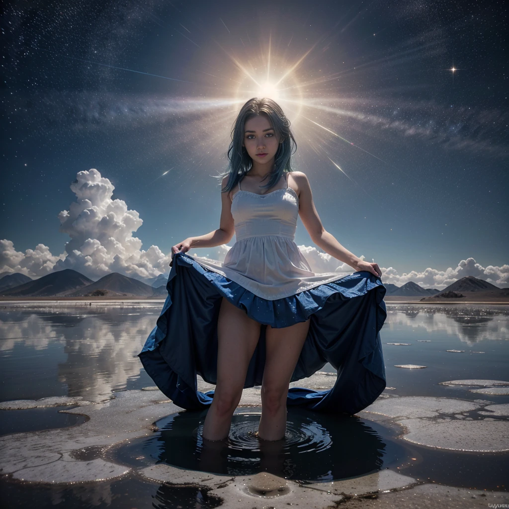 absurdres, highres, (official art, beautiful and aesthetic:1.2), (near vision:1.15), (1girl, blue hair, medium hair, blue eyes, bright eyes, short white dress, blue ruffle,:1.2) blue sky, Shimmering Galaxy, (Salar de Uyuni:1.2), (fractal art:0.8), water effects, ripple effects, (flower effects: 0.65), light effects