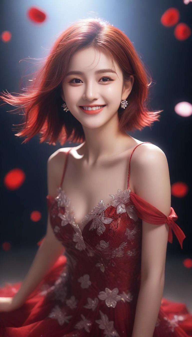 highly detailed, 8k, masterpiece, 1girl, Red tied_hair, dress , crazy_smile, (perfect_face), detailed_background, full_body, bloom,(beautiful lighting:1.3), caustics, dynamic lighting, from_below 