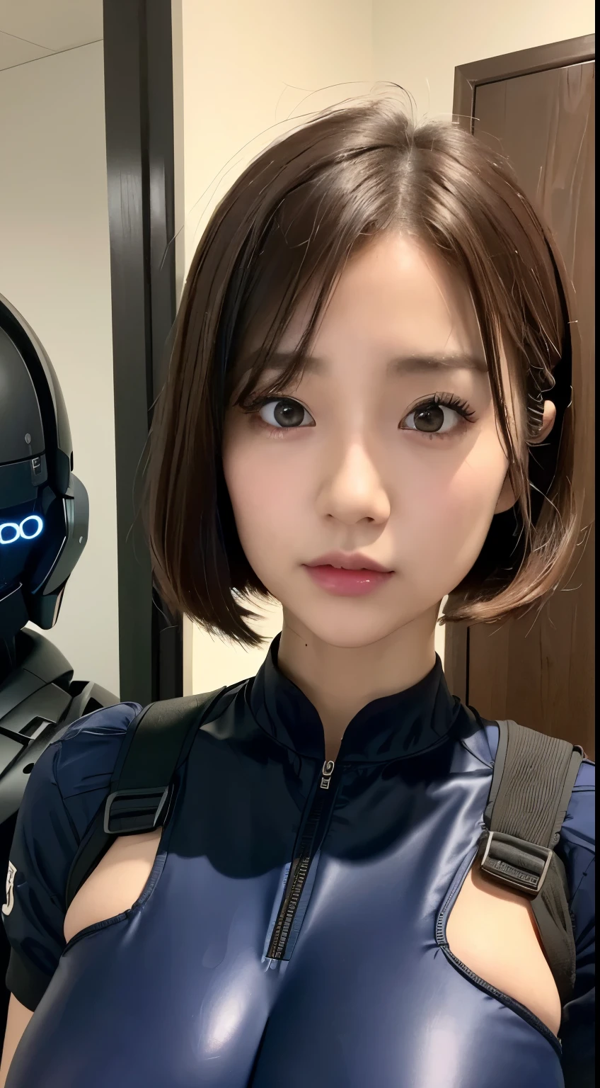 (Un gros plan:1.4)、(Photographie RAW:1.2)、(Photoréaliste:1.4)、(chef d&#39;oeuvre:1.3)、(qualité supérieure:1.4)、(belle femme avec un corps parfait:1.4)、Femme debout devant un groupe de robots、belle femme androïde、belle femme soldat、fille en costume、uniforme de combat complexe、belle jeune femme japonaise、Texture du visage et de la peau très détaillée、grands yeux détaillés、Double paupière、visage mignon、(carré court:1.2)、(aux seins énormes)、(PHOTO DU CORPS COMPLET)、tir de cow-boy、(expressions de colère:1.2)、Tempêtes et scènes de guerre épiques、scène cyberpunk、nuit、illuminations、plugsuit、combattre les dégâts uniformes、