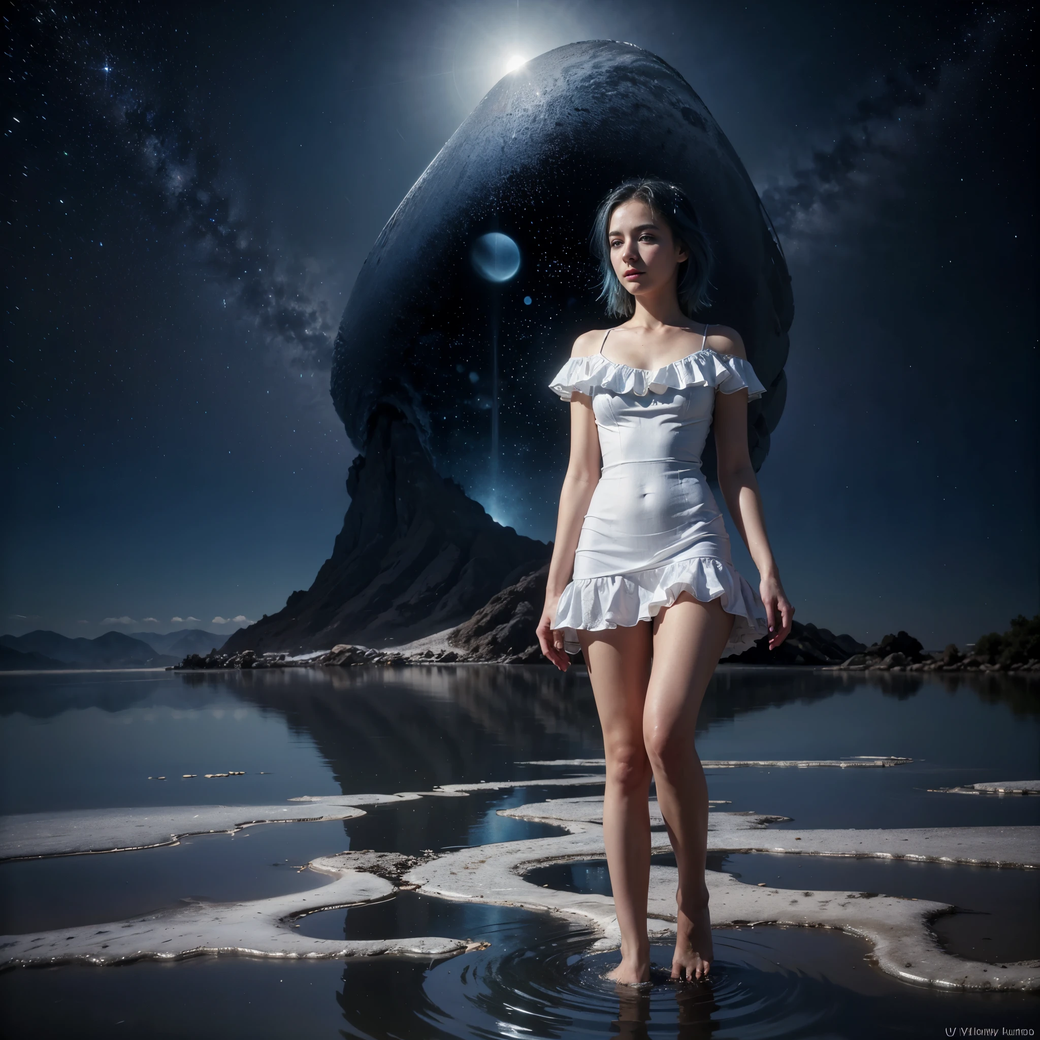 absurdres, highres, (official art, beautiful and aesthetic:1.2), (near vision:1.15), (1girl, blue hair, medium hair, blue eyes, bright eyes, short white dress, blue ruffle,:1.2) blue sky, Shimmering Galaxy, (Salar de Uyuni:1.2), (fractal art:0.8), water effects, ripple effects, (flower effects: 0.65), light effects