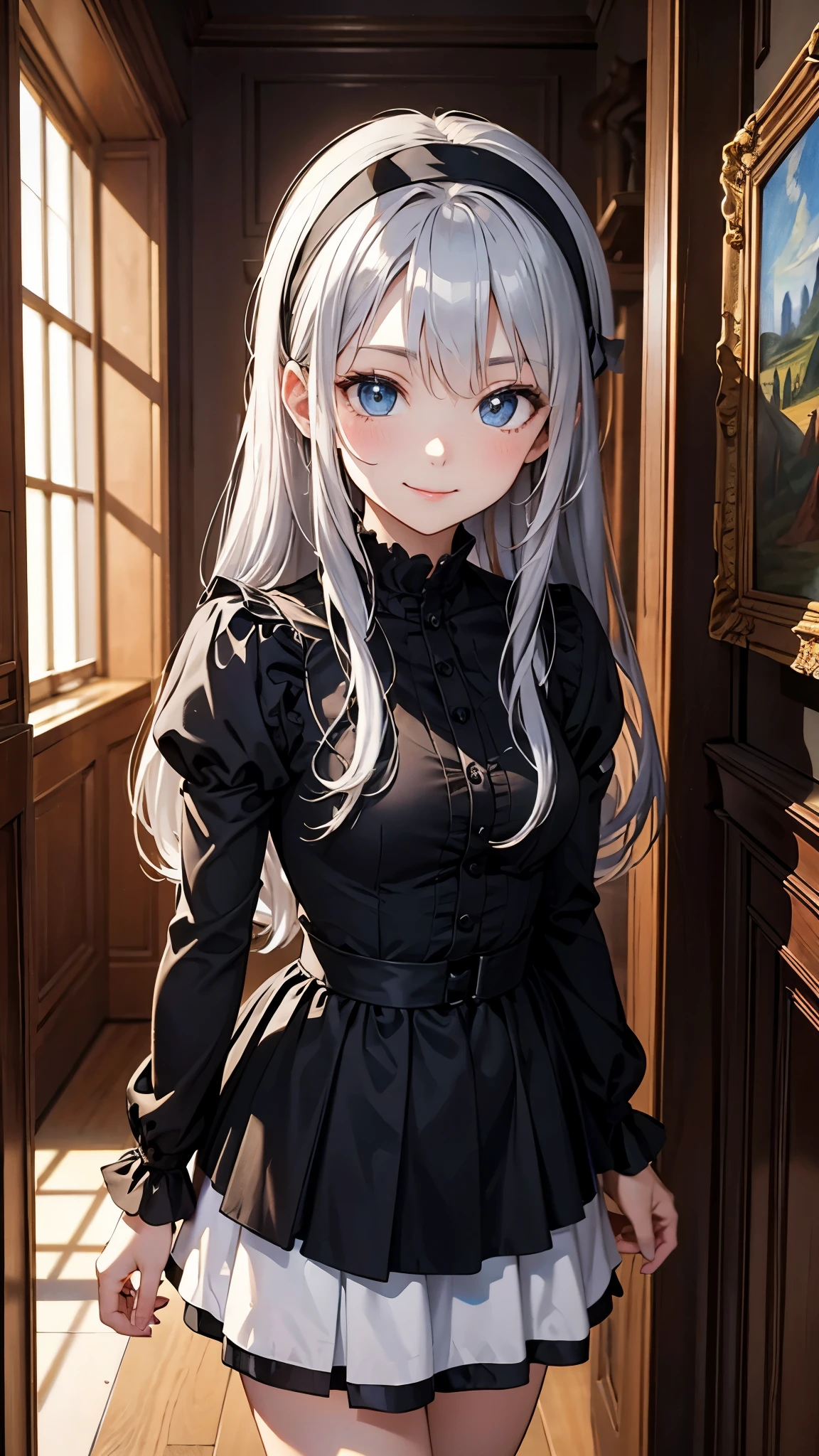 (masterpiece、official art), (1 woman), (attractive woman), ((famous paintings、highest quality)), 8K, ((28 years old)), ((silver hair)), long hair, bangs, messy hair, attractive woman, black eyes, big shining eyes, Beautifully drawn eyes, smile, small bust, Black Gothic Maid Clothes, white headband, long skirt, touch hair、((Knee to head)), entrance to the mansion, great illustrations、