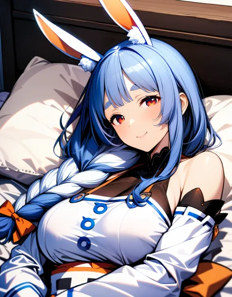 1girl, pekomama, long hair, smile, mature female, red eyes, bare shoulders, dress, detached sleeves, hair over shoulder, looking at viewer, indoors, on bed, lying, sleeping, (very aethetic, best quality, ultra detailed), intricate details,