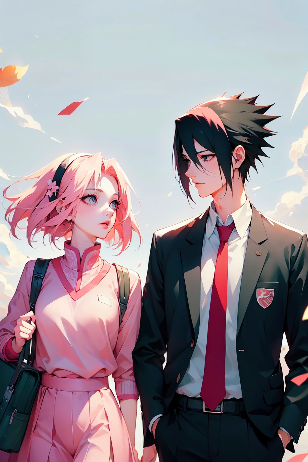 sasusaku. Sasuke Uchiha, a tall, black-haired man wearing a Quarterback football uniform, is a student, with his hands in his pockets. Sakura, a thin woman with pink hair, cheerleader. best quality, adorable, ultra-detailed, illustration, complex, detailed, extremely detailed, detailed face, soft light, soft focus, perfect face. In love, illustration. two people, couple,