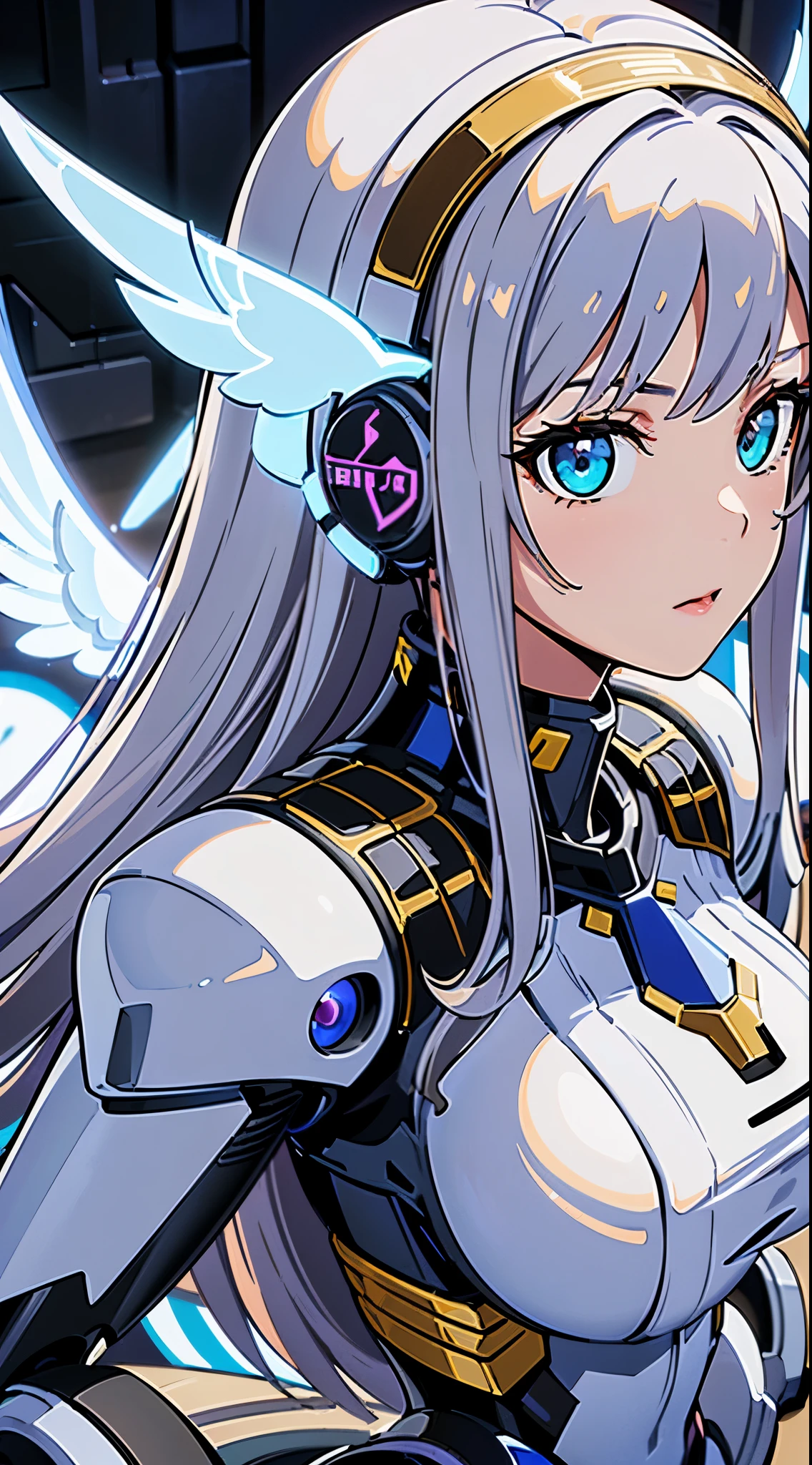 (Cyber Headphones:1.6)、(Mechaニカルヘッドギア:1.3)、((look away:1.6))、((Blue shining mechanical eyes:1.5))、((8K)), ((32k)), ((highest quality)), ((masterpiece)), ((超A high resolution)), ((T Masterpiece)), fine skin texture, fine cloth texture, fine metal texture、((beautiful and detailed face))、Raw photo、Professional, Ultra-fine painting, ((solo)), ((Mechaエンジェルに扮した女性)), beautiful breasts, concept art, anime fantasy artwork, detailed fantasy art, (with pale blue-violet hair and large white wings,,), (((long hair))), (Mecha:1.6)、perfect mechanical armor、((perfect robot body))、Sleek and menacing design, ((Armament of the Supreme Commander-in-Chief)), Pure white and blue-purple armor, symmetrical wings, 8K high quality detailed art, 3D rendering of character art in 8K, clear legs, defined, defined fingers, NSFW、((face close up:1.3))