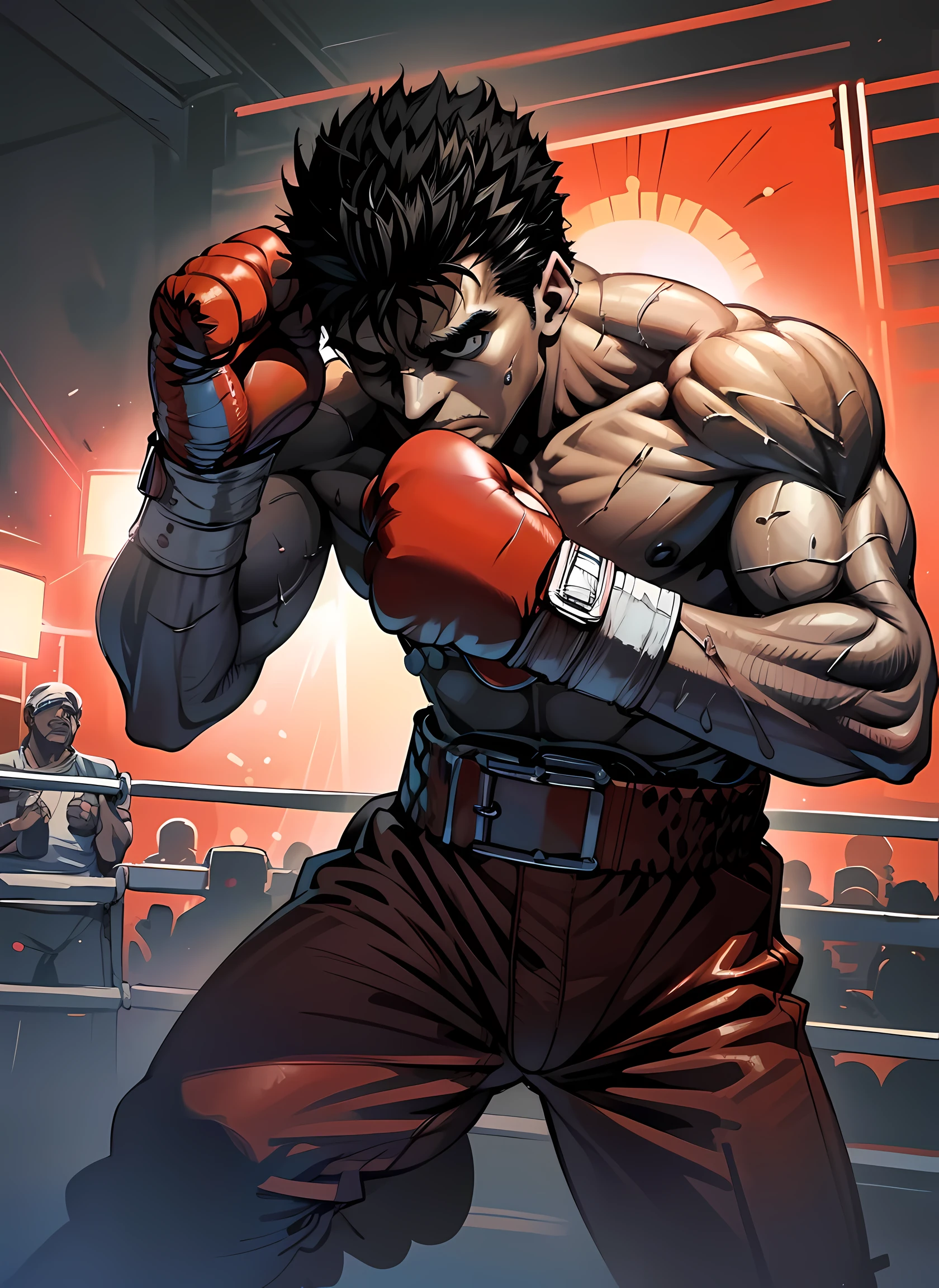 (best quality,highres,masterpiece:1.2),ultra-detailed, HDR,physically-based rendering,(realistic,photorealistic,photo-realistic:1.37), muscular boxer wearing red boxing gloves on both hands, displaying a confident and badass expression. The boxer is in a ready-to-fight pose, showcasing his strength and determination. The lighting highlights his muscular physique, with sharp focus on his chiseled features. The scene is set in a professional boxing ring, with studio lighting adding intensity to the atmosphere. The artwork is rendered in a dark and gritty style, with vibrant colors that accentuate the power and energy of the boxing match. (red boxing gloves:1.4), red top, anime art style, colored berserk manga art style 