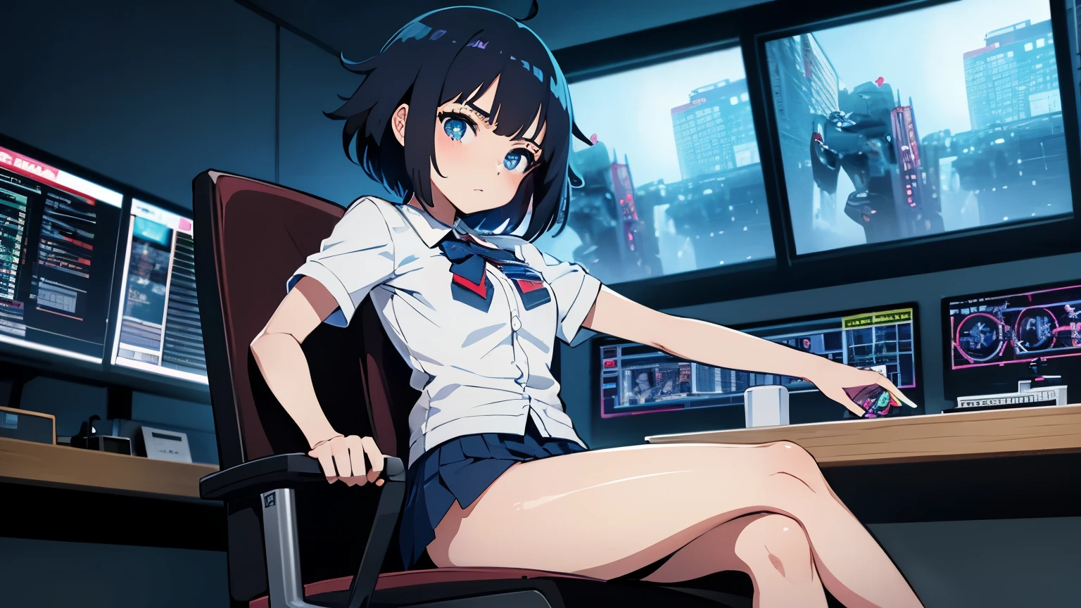 Anime girl sitting in a chair in front of a computer desk - SeaArt AI